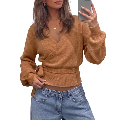 Women’s Slim-Fit Cardigan Knit Sweater with Long Lantern Sleeves