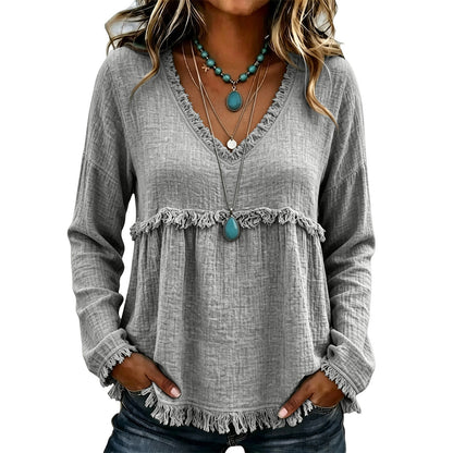 Bohemian Charm Fringe V-Neck Pullover — Effortless Elegance