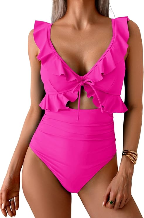 One Piece Swimsuit for Women Tummy Control Ruffle Bathing Suit V Neck Ruched Swim Suit Slimming Cutout Swimwear