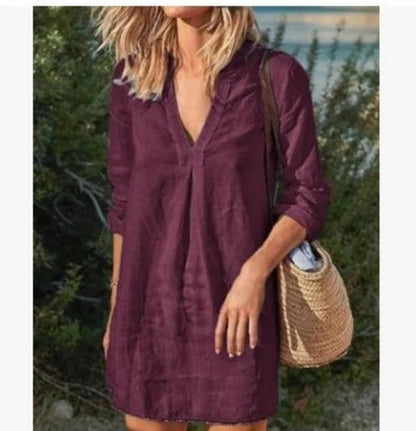 Button Down Knee Length Midi Dress V Neck Split Casual Long Sleeve Dress