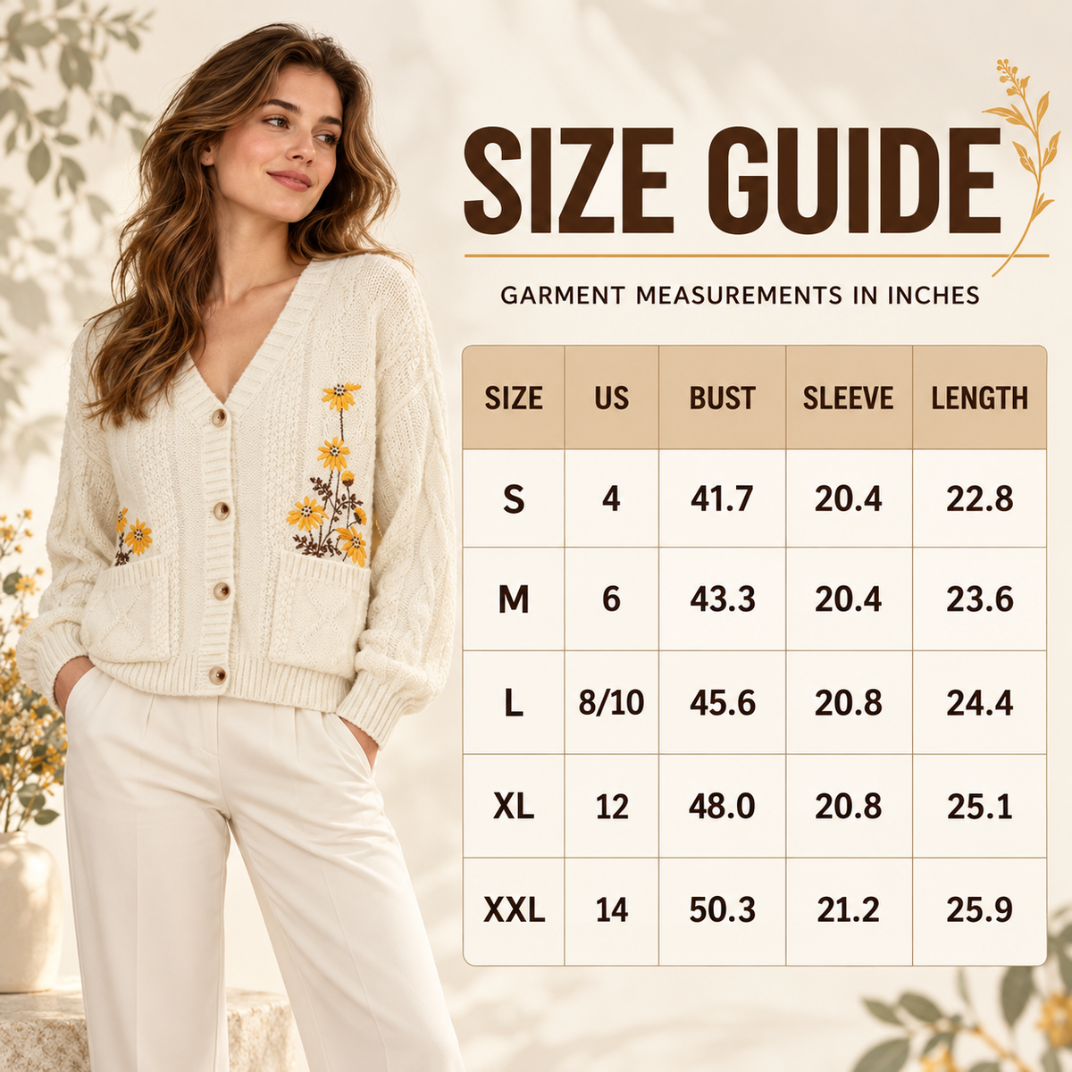 Women's Floral Embroidered Cable Knit Cardigan – Cozy Relaxed Button-Front Sweater with Pockets