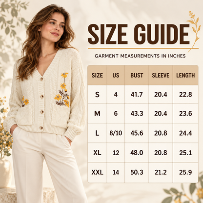 Women's Floral Embroidered Cable Knit Cardigan – Cozy Relaxed Button-Front Sweater with Pockets