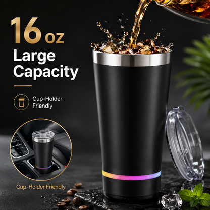 The Ultimate 2-in-1 Backyard Mug | 16 oz Insulated Tumbler & Detachable Bluetooth Speaker with Built-in Bottle Opener