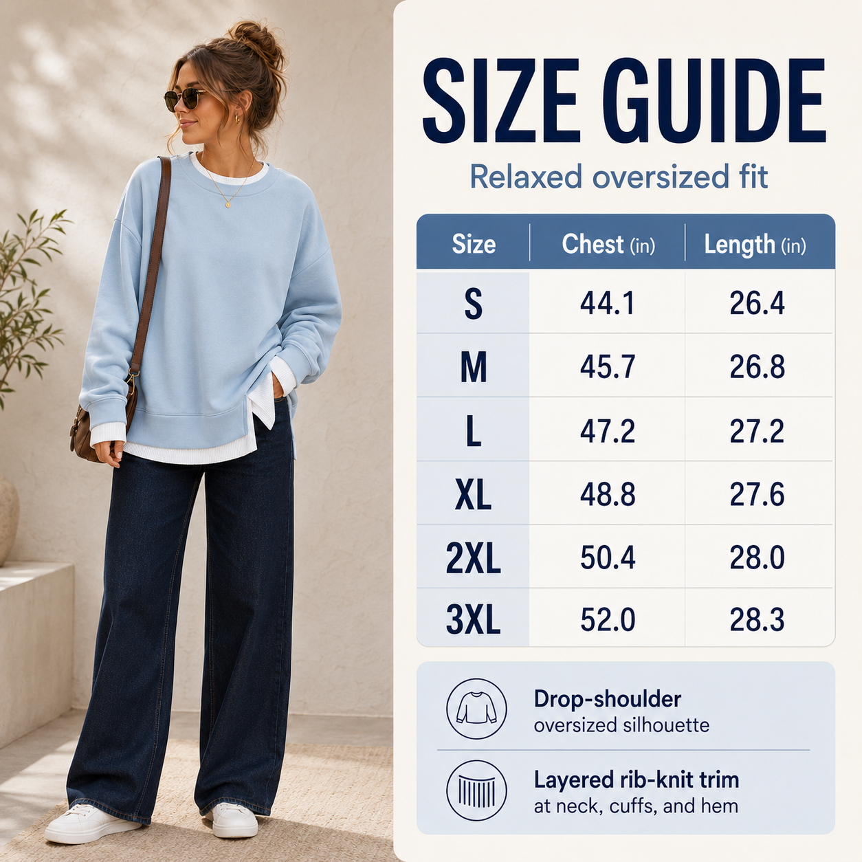 Effortless Casual Style: Women's Relaxed Layered Crewneck Sweatshirt Everyday Top