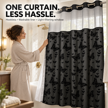 Hookless Double-Layer Shower Curtain with Snap-in Fabric Liner