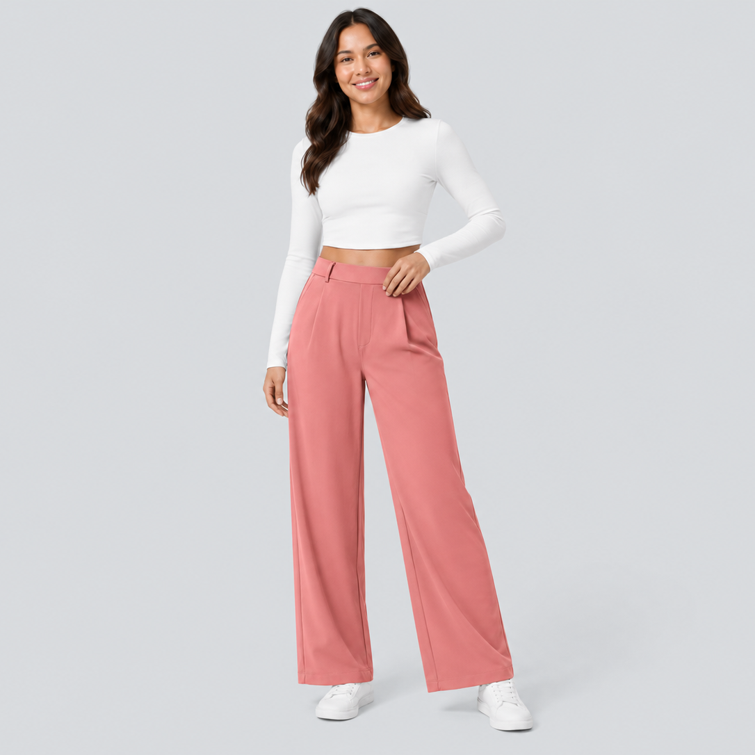 Women’s High-Waist Pull-On Straight-Leg Pants – 4-Way Stretch & Pockets
