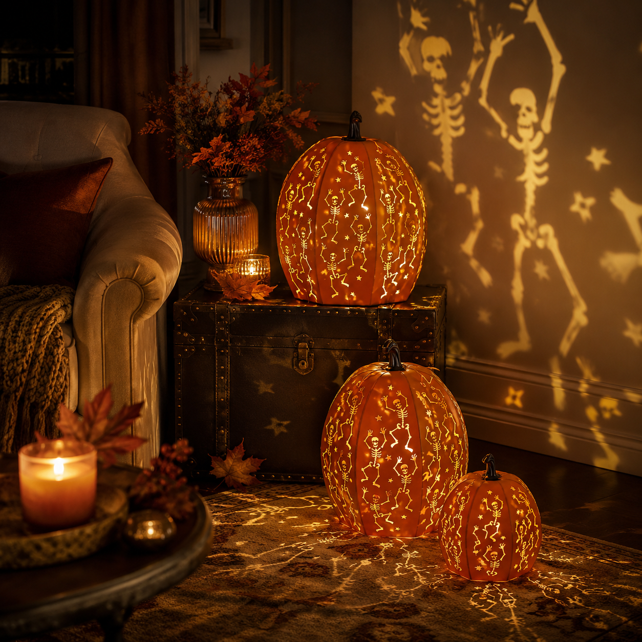 ✨ Stackable LED Pumpkin Lanterns with Skull & Skeleton Shadows