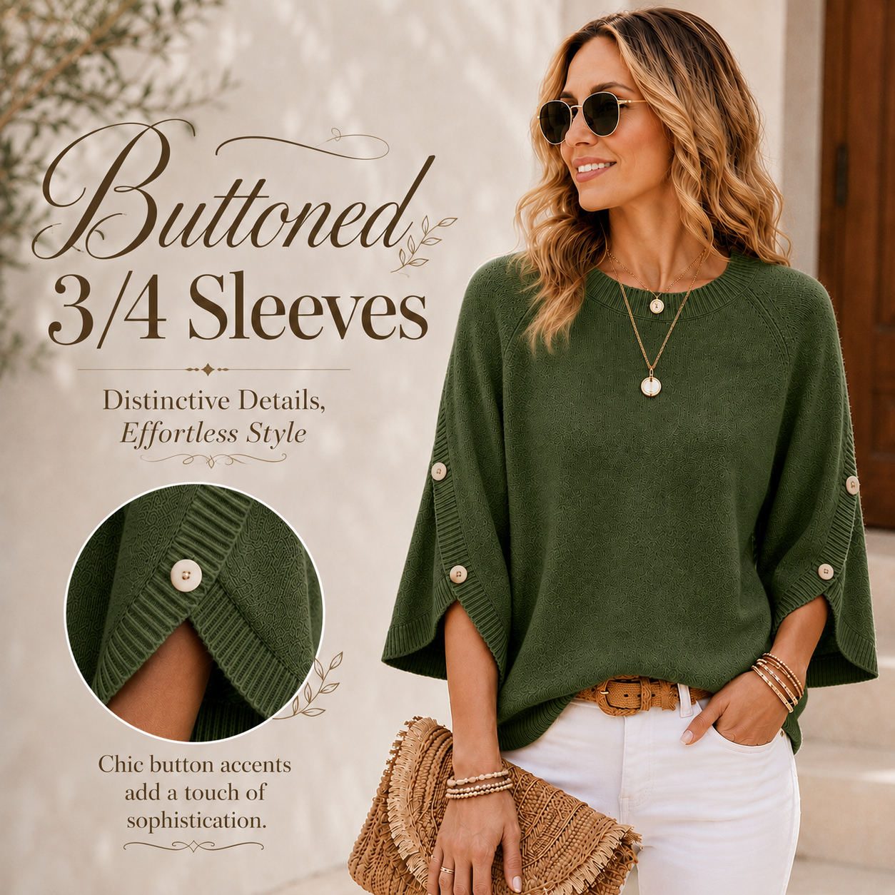 Women's loose-fitting crew neck sweater with three-quarter sleeves and buttoned cuffs