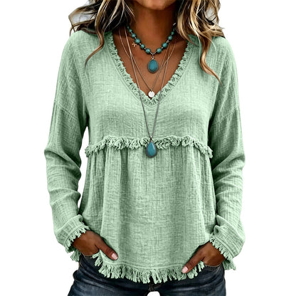 Bohemian Charm Fringe V-Neck Pullover — Effortless Elegance
