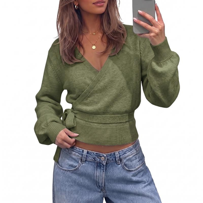 💃Women’s V-Neck Wrap Knit Sweater with Tie Waist & Lantern Sleeves💃