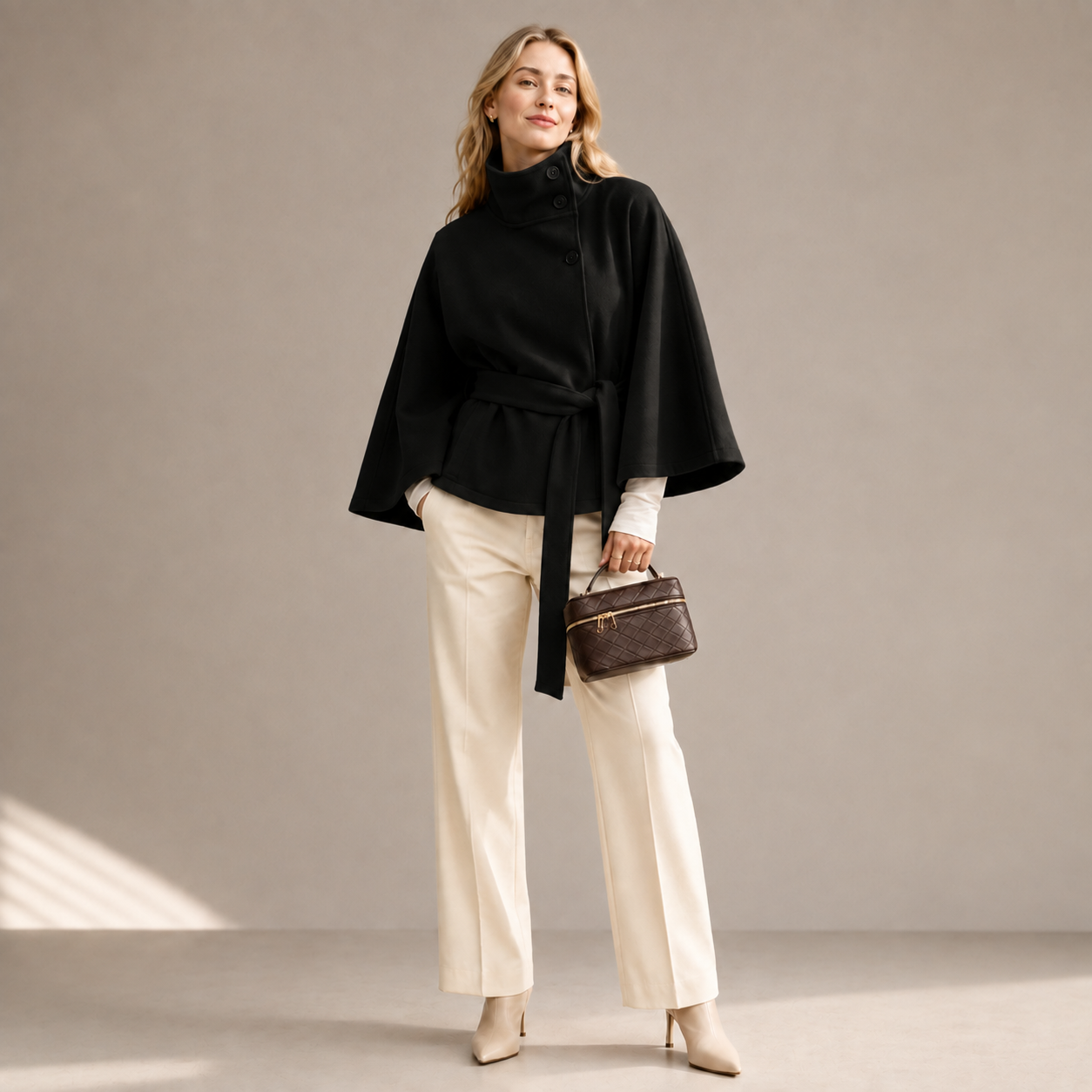 Women's Belted Cape Coat – Oversized Cropped Poncho Jacket