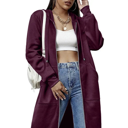 Women's Mid-Length Hooded Cardigan – Casual Open-Front Coat