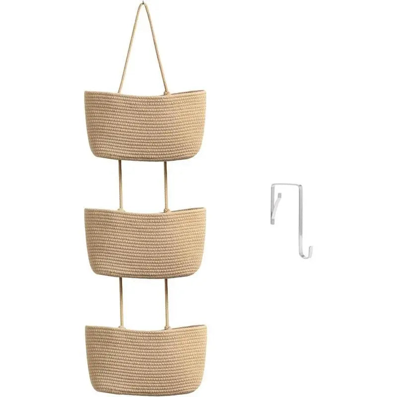 Over the Door Woven Hanging Storage Baskets – Easy-Reach 3-Tier Wall Mounted Cotton Organizer for Decluttering Any Room