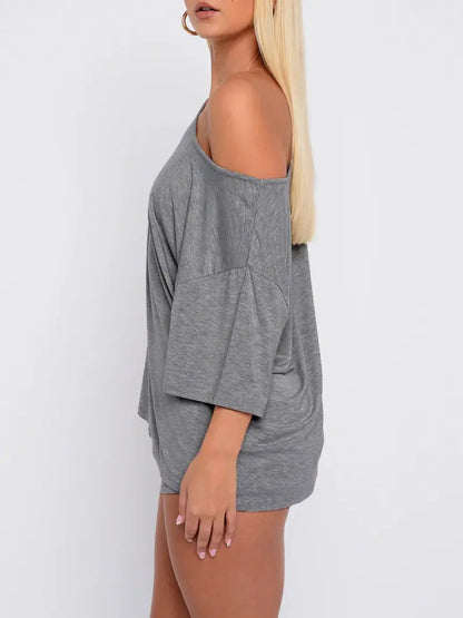 Women’s Casual Two Piece Lounge Set Off Shoulder Top & Fitted Shorts