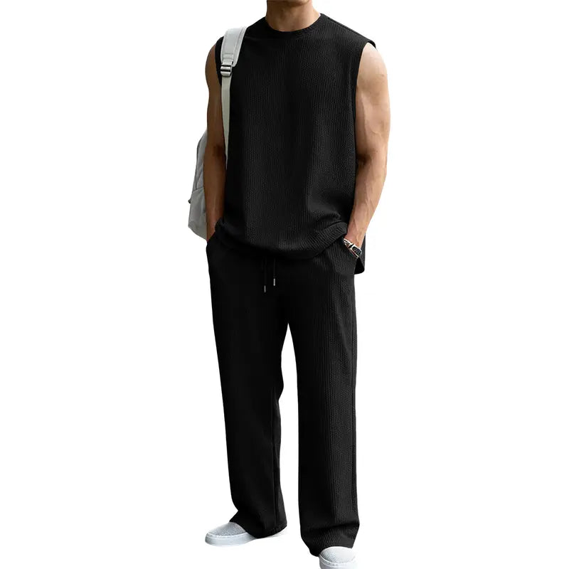 Mens 2 Piece Rib Knit Sweatsuit Tank Top Baggy Wide Leg Pants Set Vacation Beach Outfit for Men