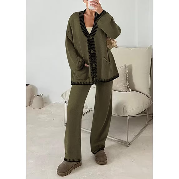 Women's Cozy Knit Cardigan & Wide-Leg Pants Set