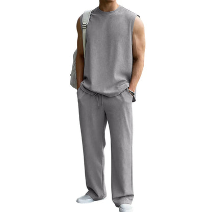 Mens 2 Piece Rib Knit Sweatsuit Tank Top Baggy Wide Leg Pants Set Vacation Beach Outfit for Men