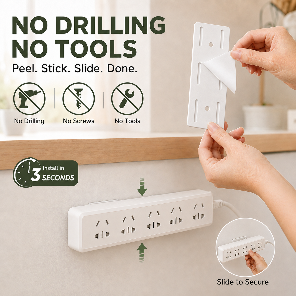 No-drill adhesive socket bracket – Wall-mounted cable management