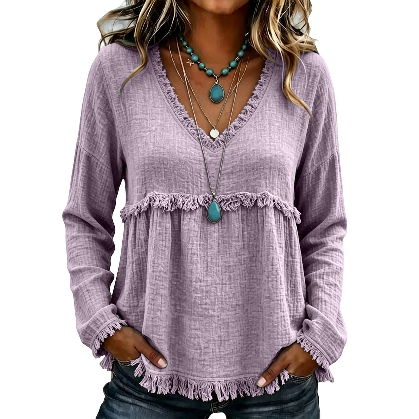 Bohemian Charm Fringe V-Neck Pullover — Effortless Elegance