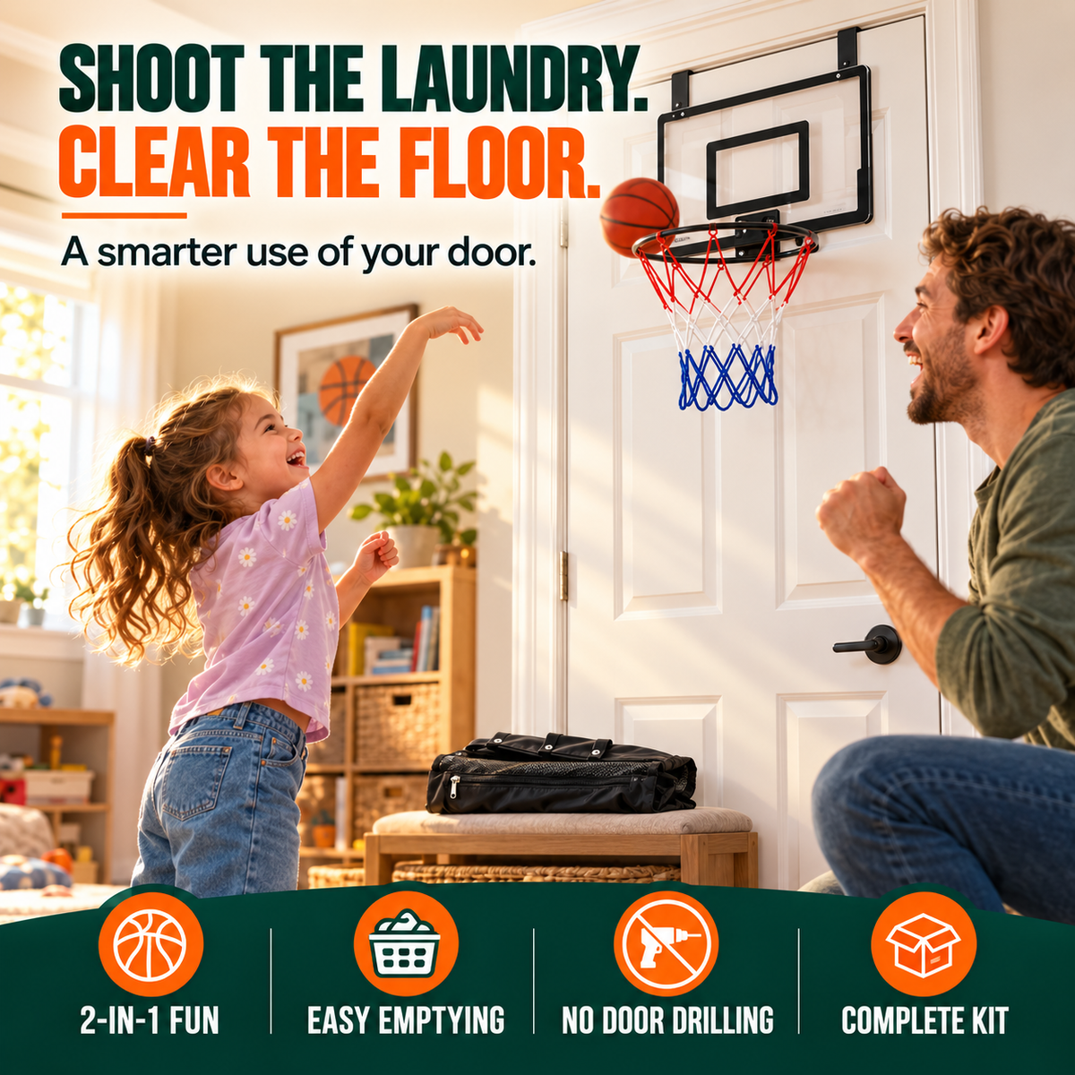 🏀2-in-1 Over-the-Door Basketball Hoop & Laundry Hamper🏀