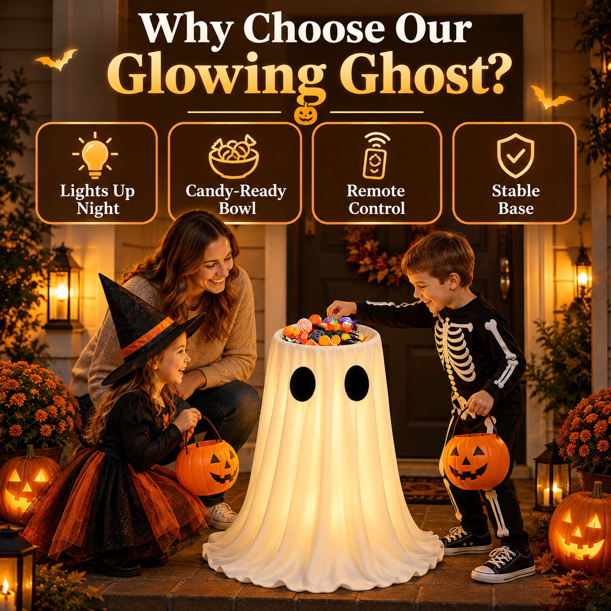 Glowing Ghost Candy Holder Lights Up Trick-or-Treat Night