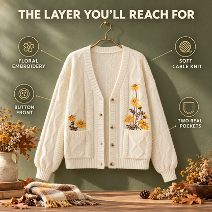 Women's Floral Embroidered Cable Knit Cardigan – Cozy Relaxed Button-Front Sweater with Pockets
