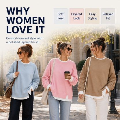 Effortless Casual Style: Women's Relaxed Layered Crewneck Sweatshirt Everyday Top