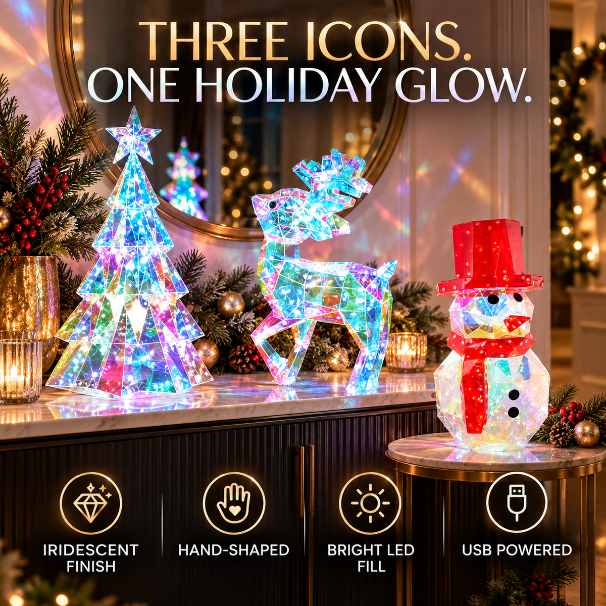 Iridescent LED Christmas Decor – Handcrafted Holiday Tree, Snowman Light Display