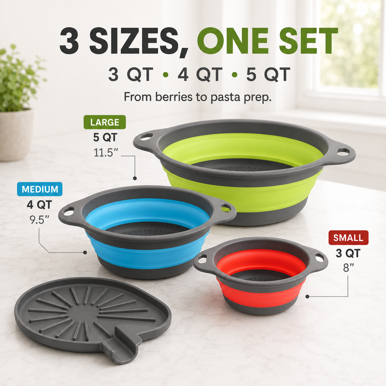 3-Piece Collapsible Colander Set with Self-Draining Base