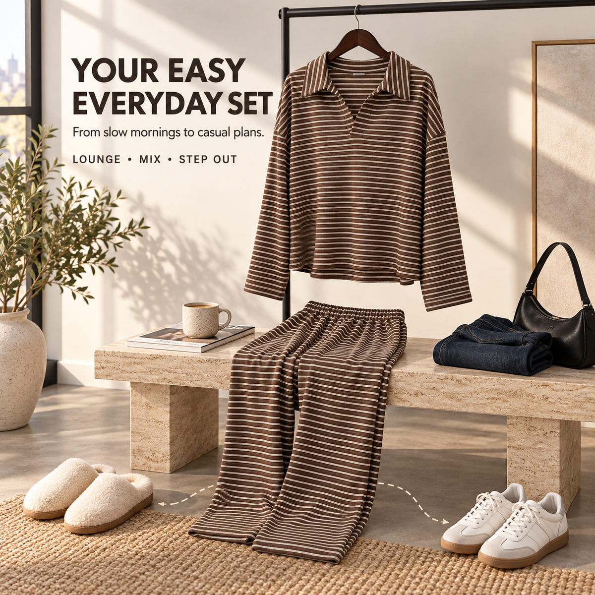 Casual Striped Long Sleeve Wide Leg Pants Lounge Set