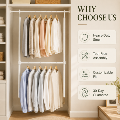 Double Closet Hanging Capacity with Expandable Heavy-Duty Steel Rod