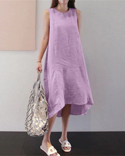 Round Neck Sleeveless Loose Solid Color Long Swing Dress