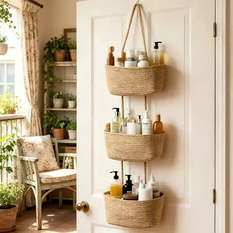 Over the Door Woven Hanging Storage Baskets – Easy-Reach 3-Tier Wall Mounted Cotton Organizer for Decluttering Any Room