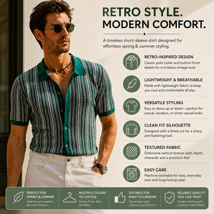 Men’s Vintage Striped Knit Polo Shirt – Retro Button-Front Short Sleeve Top