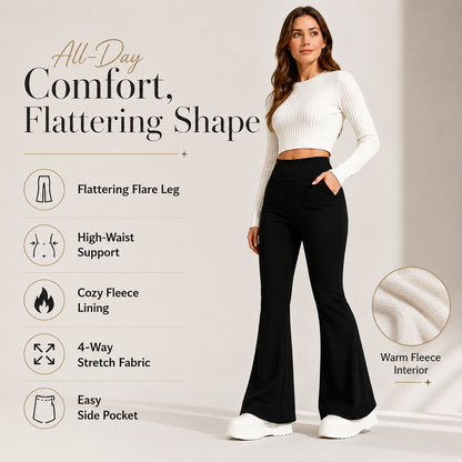 Women's Winter High-Waist Fleece-Lined Flare Pants with Pockets