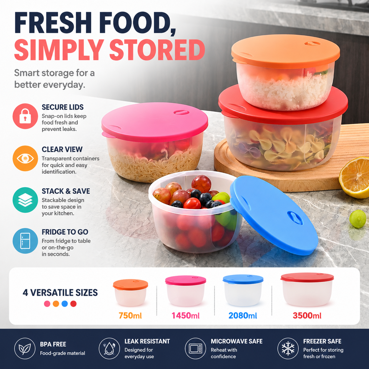 4-Piece Food Storage Containers with Lids – Multi-Size Stackable Kitchen Storage Bowls