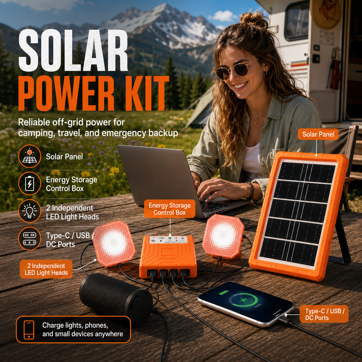 ☀️ Portable Solar Power Station & Outdoor Solar Generator Kit — All-In-One Backup Power, USB Device Hub & LED Camping Light 🏕️🔋