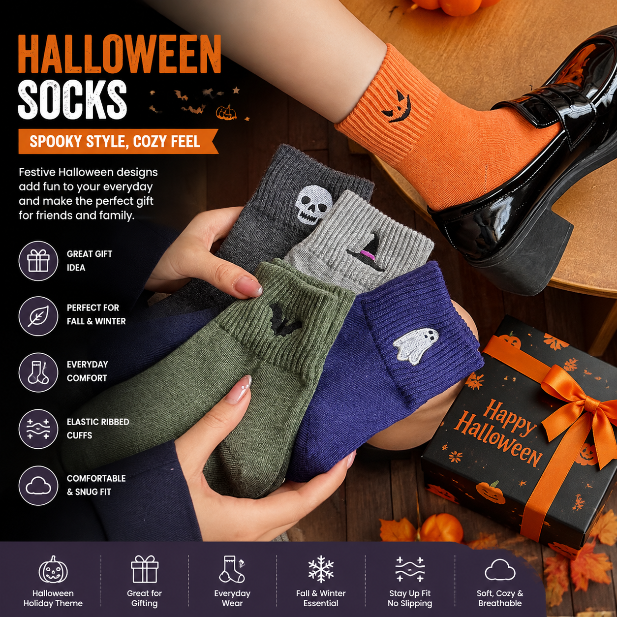Spooky & Cute Halloween Socks for Women – 5-Pair Cozy Crew Sock Set