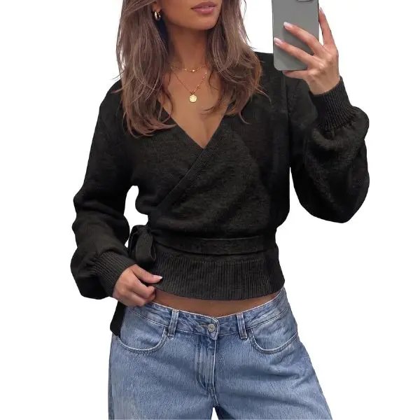 Women’s Slim-Fit Cardigan Knit Sweater with Long Lantern Sleeves