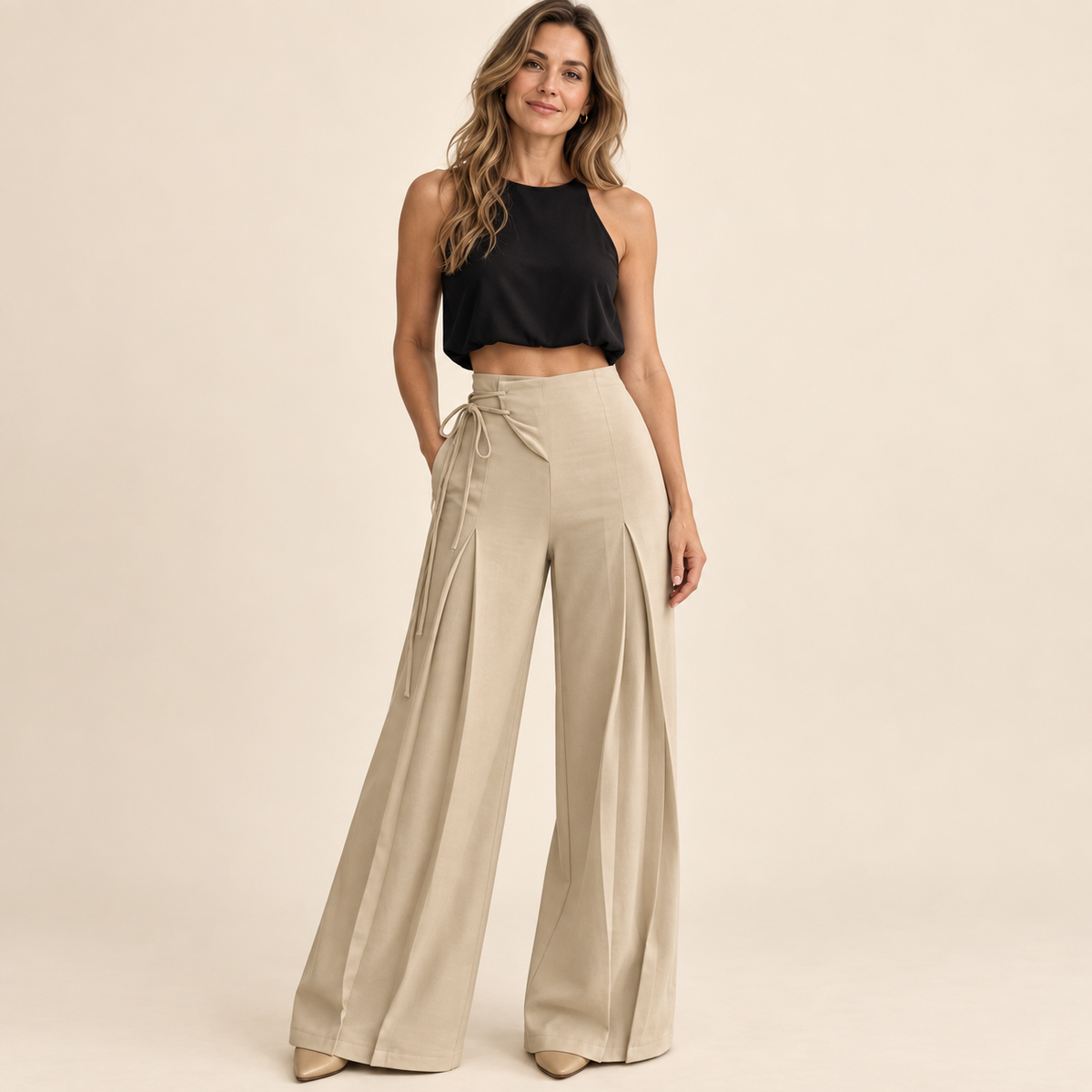 Women's High-Waist Asymmetric Lace-Up Wide-Leg Pants – Flattering Sculpted Fit👖✨