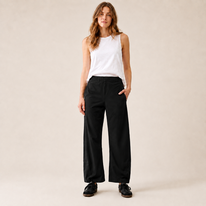 Women's Mid Rise Barrel Leg Pants, Elastic Waist Baggy Casual Trousers with Pockets