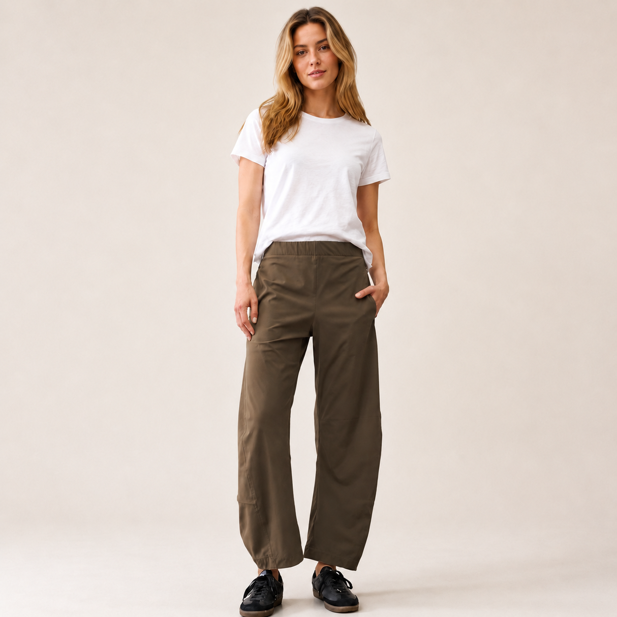 Women's Mid Rise Barrel Leg Pants, Elastic Waist Baggy Casual Trousers with Pockets