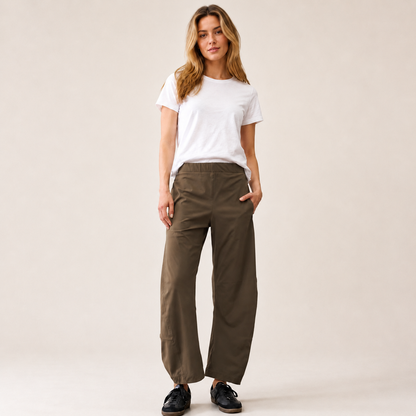 Women's Mid Rise Barrel Leg Pants, Elastic Waist Baggy Casual Trousers with Pockets