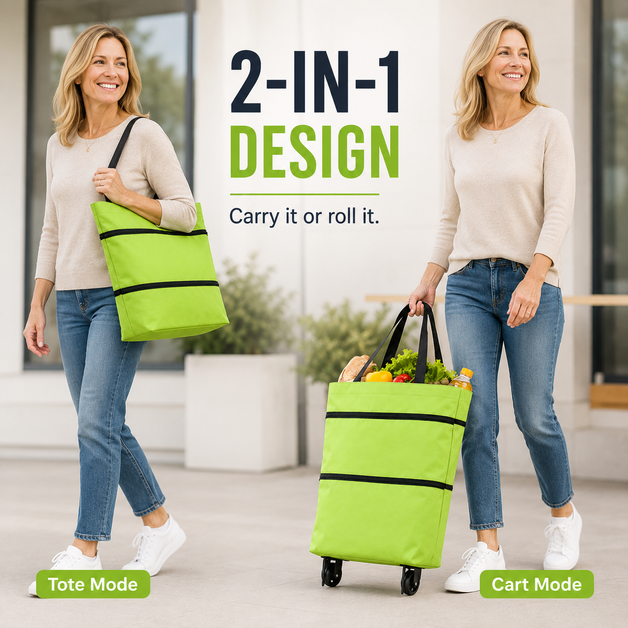 2-in-1 Foldable Wheeled Shopping Cart – Large Capacity, Reusable
