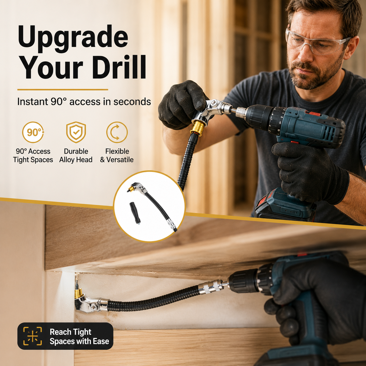 90° Right Angle Drill Attachment with Flexible Extension Shaft