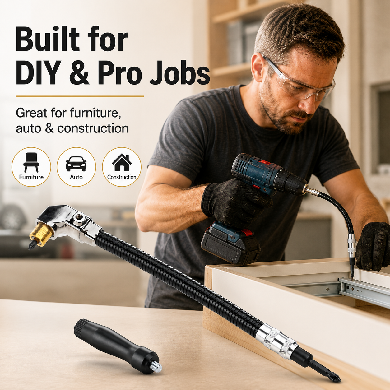 90° Right Angle Drill Attachment with Flexible Extension Shaft