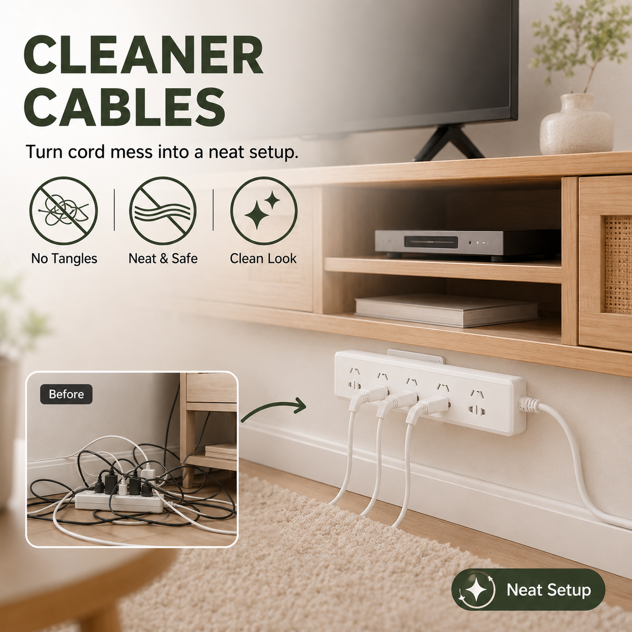 No-drill adhesive socket bracket – Wall-mounted cable management