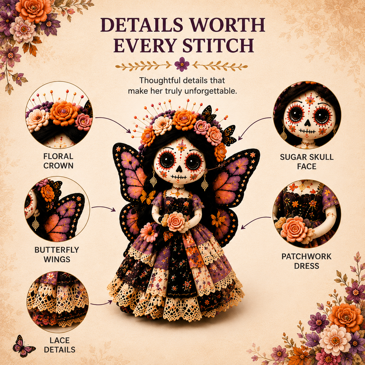 DIY Day of the Dead Butterfly Skull Doll Sewing Kit – Complete Craft Set