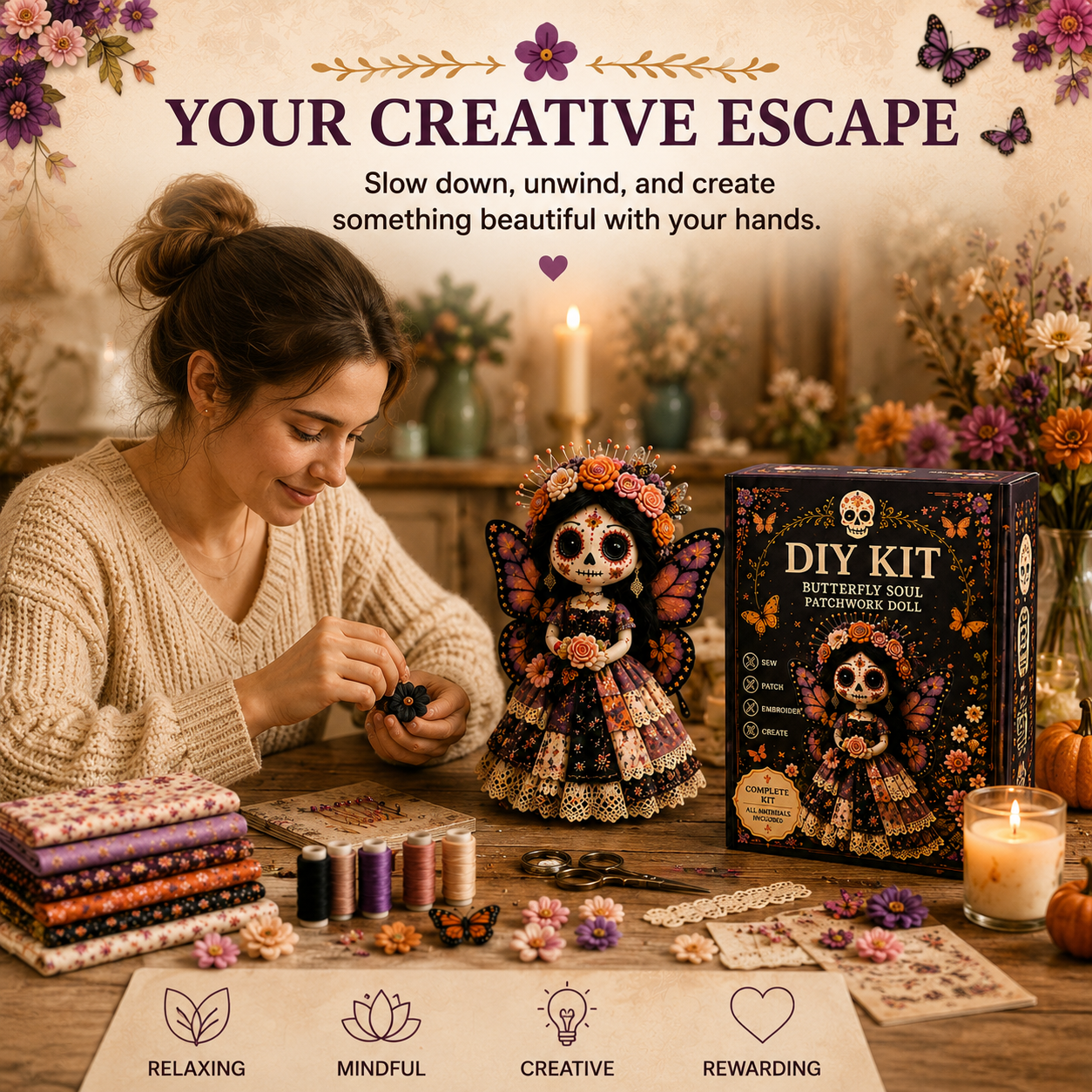 DIY Day of the Dead Butterfly Skull Doll Sewing Kit – Complete Craft Set
