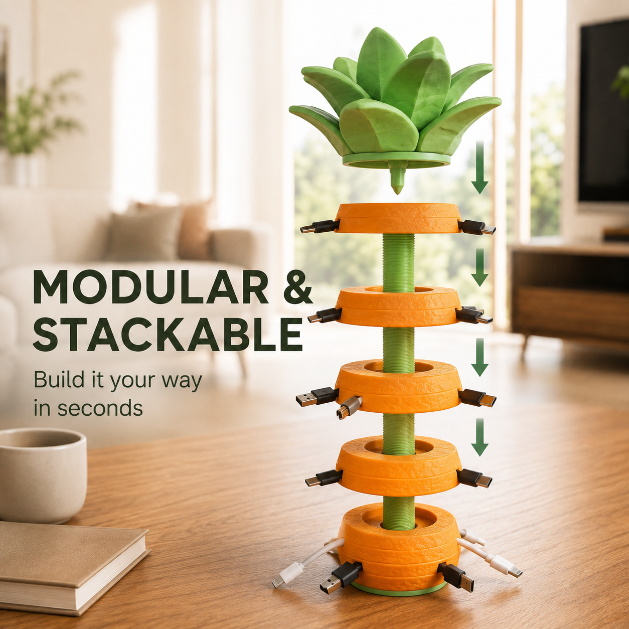 Pine tree-shaped charging cable organizer – creating a tidy desktop